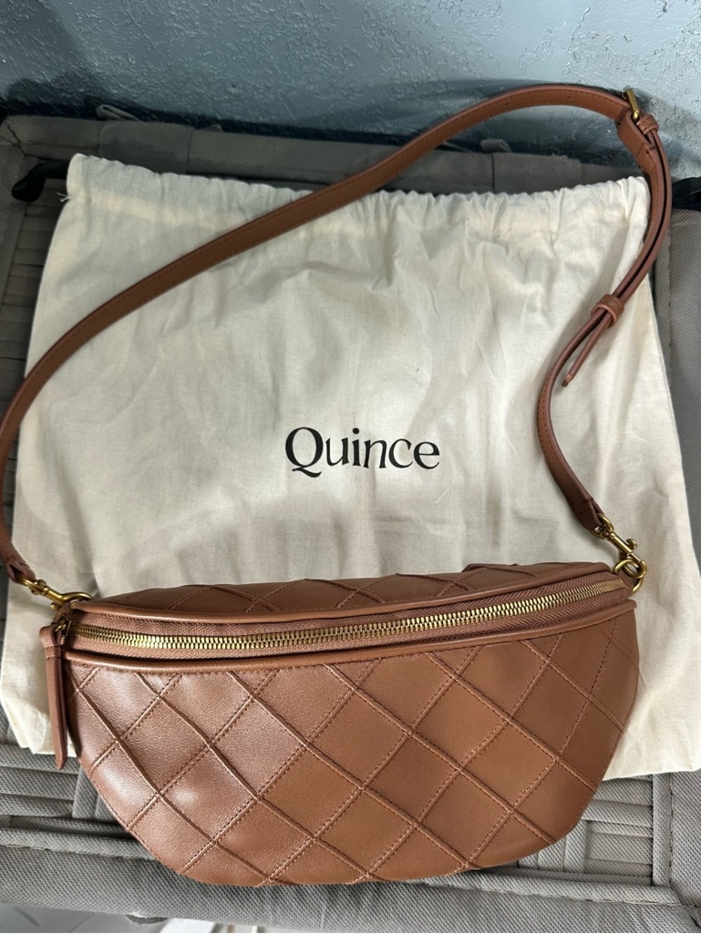 Quince Quilted Leather Crossbody Belt Bag in Tan Brown